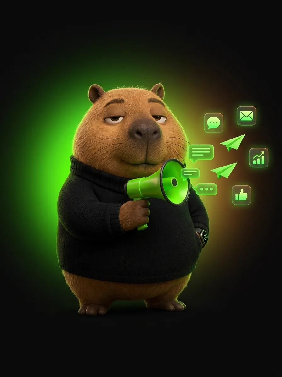 Don Capi con un megáfono verde lanzando burbujas de chat e íconos de apps en formación